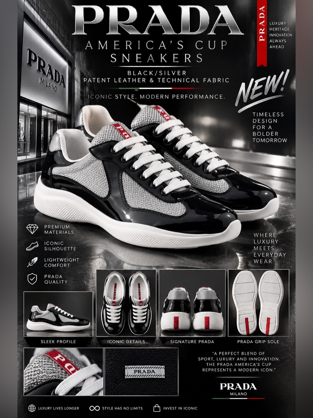 Prada America's Cup Sneakers-Black/Silver Patent Leather Technical Fabric!🔥New!